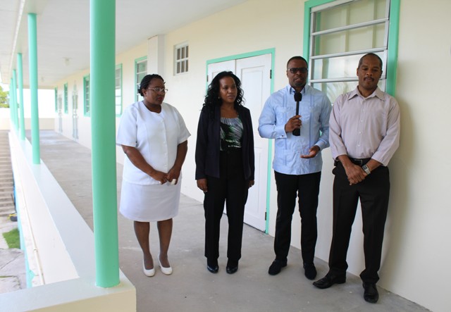 (l-r) Acting Matron at the Alexandra Hospital Jessica Scarborough, Permanent Secretary in the Ministry of Health Nicole Slack-Liburd, Minister of Health Hon. Mark Brantley and Hospital Administrator Gary Pemberton outside the newly refurbished maternity ward at the Alexandra Hospital on July 15, 2016